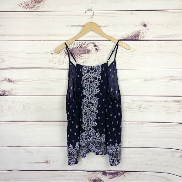 LUQ Navy Paisley Print Tassel Bohemian Top Sz XXL - Picture 3 of 8
